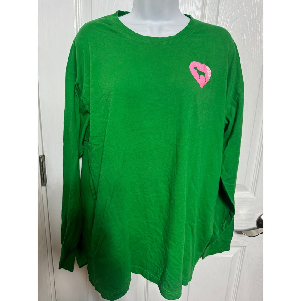 Pink Victoria's Secret Green Love Pink Glitter Long Sleeve Graphic Tee XXL